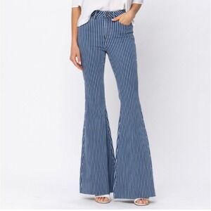 Judy Blue High Rise Blue and White Striped Super Flare Jeans 16W Bell Bottom